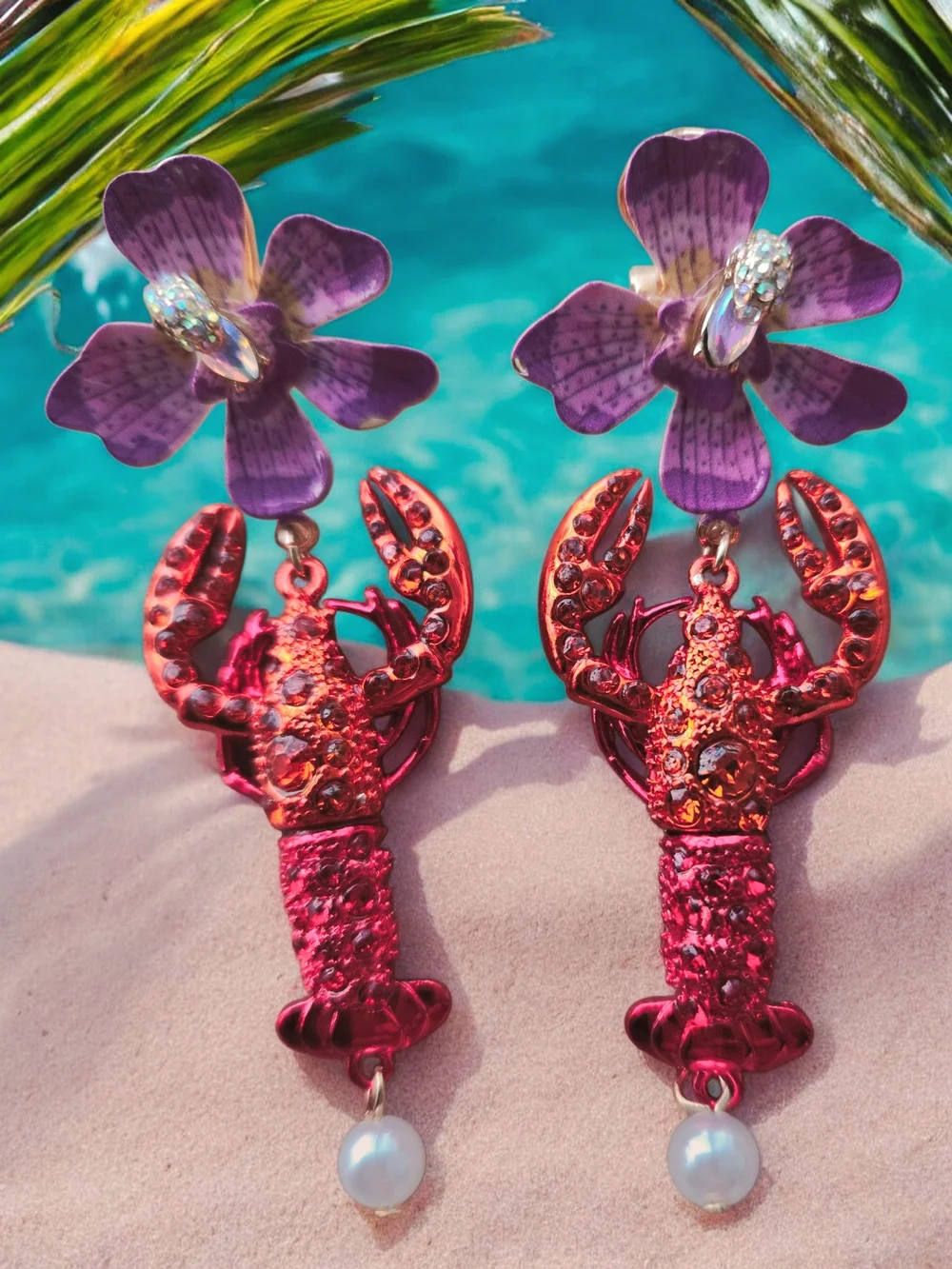 NWT BETSEY JOHNSON Mermaid Jewels Lobster Crystal Orchid Statement Earrings 2.5" - Picture 4 of 5